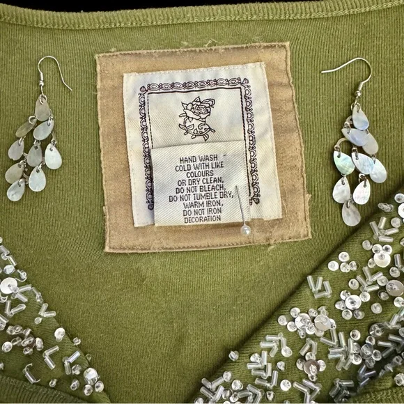 Women’s Top - Olive Green V-Neck with Sequins by For Joseph Fortune - Size M - Picture 12 of 16